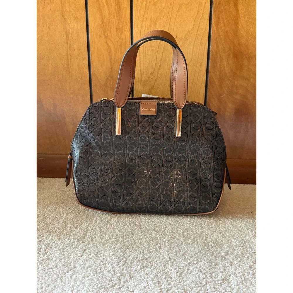 Calvin Klein Monogram Satchel Brown Cognac Logo Dome Crossbody Bag